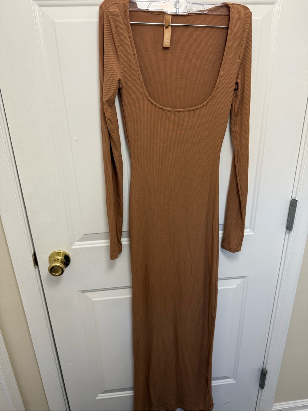 Skims Soft Lounge Long Sleeve Dress Sz S Camel Brown Ribbed Maxi Bodycon